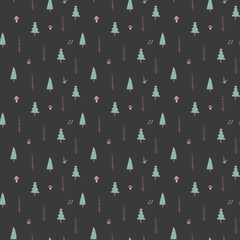 Woodland Seamless pattern, Forest background. Cute cartoon trees and plants vector illustration