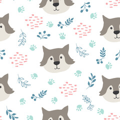 Cute wolf Seamless pattern. Cartoon Animals in forest background. Vector illustration