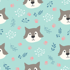 Cute wolf Seamless pattern. Cartoon Animals in forest background. Vector illustration
