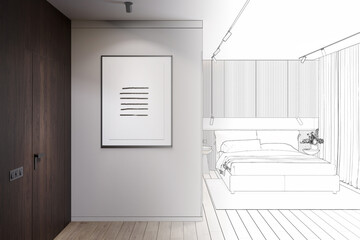 A sketch becomes a real modern bedroom with a vertical poster on a gray wall next to a dark wooden door. There is a bed with two bedside tables, cabinets, curtains in the background. 3d render