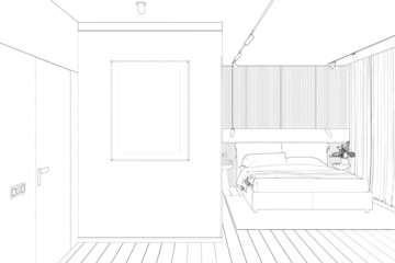 Sketch of the modern bedroom with a vertical poster on a wall next to a door, built-in lamps on the ceiling. There is a bed with two bedside tables, cabinets, curtains in the background. 3d render