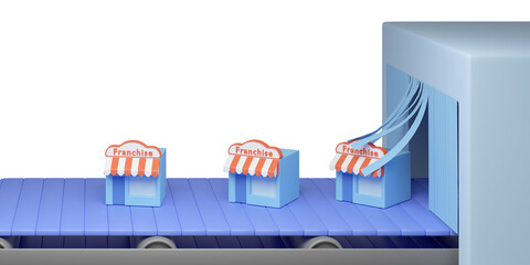 Franchise stores on a conveyor belt. 3d illustration.