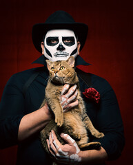 a man in skeleton make-up holds an adult cat in his arms on a red background. Halloween party