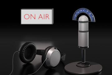 Condenser microphone with podcast sign and headphones on dark background. 3d illustration.