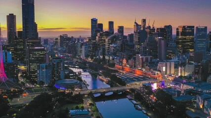 Aerial hyperlapse, dronelapse video of Melbourne city at night - Powered by Adobe
