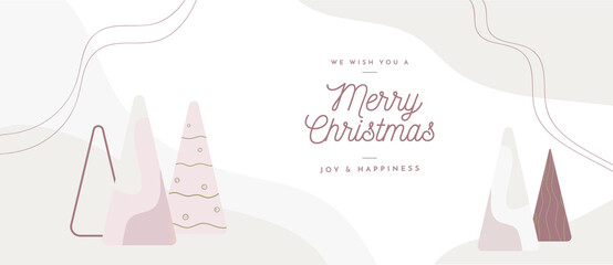 Christmas banner. Background Design of abstract Christmas trees on a background of snow-capped mountains. Horizontal Christmas poster, greeting cards, headers, website
