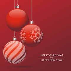 Red Christmas card with Christmas balls. Banner design. Merry christmas and happy new year