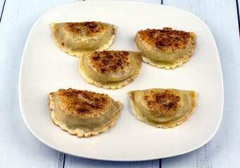 beef dumplings lightly fried arranged on a plate