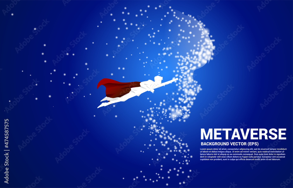 Poster vector silhouette of businessman flying with man head from light dot particle. concept background hu