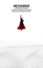 Vector Silhouette of businessman flying from Digital Contour curve dot and line and wave with wireframe . Concept for metaverse and VR technology .