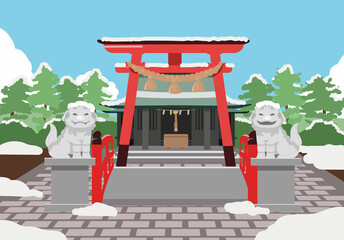 境内　参拝　青空　雪