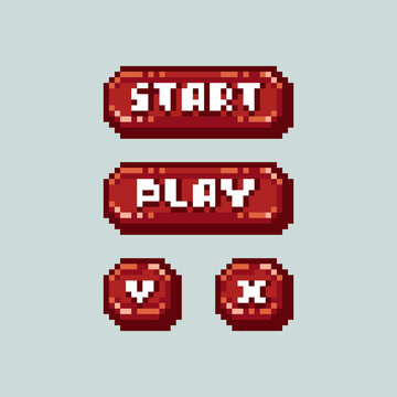 Pixel art game interface red UI buttons and symbols vector set, start, play, yes Y and no X confirmation menu items