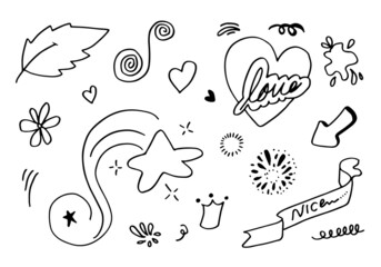 Hand drawn set elements, black on white background. Arrow, heart, love, star, leaf, sun, light, flower,Swishes, swoops, emphasis ,swirl, for concept design.