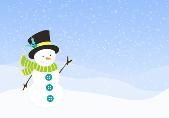 A cute happy snowman in cartoon style with hat and knitted scarf, suitable for seasonal greetings and winter designs