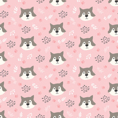 Cute wolf Seamless pattern. Cartoon Animals in forest background. Vector illustration