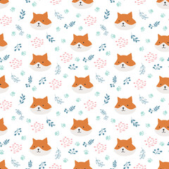 Cute Fox Seamless pattern. Cartoon Animals in forest background. Vector illustration