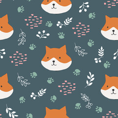 Cute Fox Seamless pattern. Cartoon Animals in forest background. Vector illustration