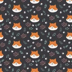Cute Fox Seamless pattern. Cartoon Animals in forest background. Vector illustration
