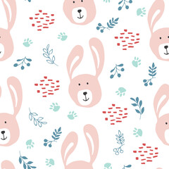 Cute rabbit Seamless pattern. Cartoon Animals in forest background. Vector illustration