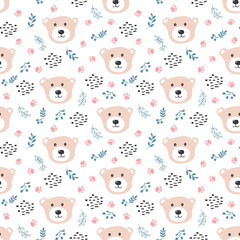 Cute bear Seamless pattern. Cartoon Animals in forest background. Vector illustration