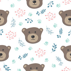 Naklejka premium Cute bear Seamless pattern. Cartoon Animals in forest background. Vector illustration