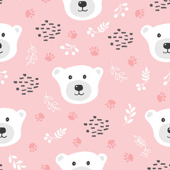 Cute bear Seamless pattern. Cartoon Animals in forest background. Vector illustration