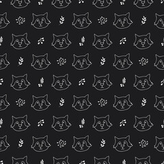 Cute wolf Seamless pattern. Cartoon Animals in forest background. Vector illustration