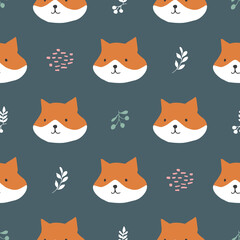 Cute Fox Seamless pattern. Cartoon Animals in forest background. Vector illustration