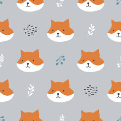 Fototapeta premium Cute Fox Seamless pattern. Cartoon Animals in forest background. Vector illustration