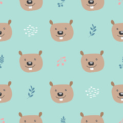 Obraz premium Cute Beaver Seamless pattern. Cartoon Animals in forest background. Vector illustration