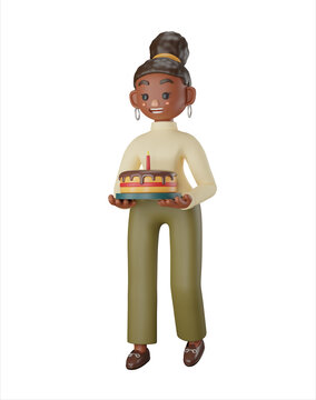 African American woman character holding big  cake with one candle in her hands. 3D render isolated white background.