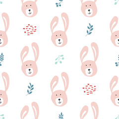 Cute rabbit Seamless pattern. Cartoon Animals in forest background. Vector illustration