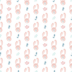Cute rabbit Seamless pattern. Cartoon Animals in forest background. Vector illustration