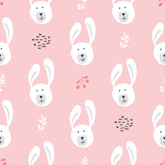 Cute rabbit Seamless pattern. Cartoon Animals in forest background. Vector illustration
