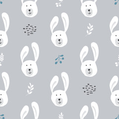 Cute rabbit Seamless pattern. Cartoon Animals in forest background. Vector illustration