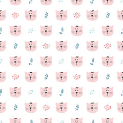 Cute Cat Seamless pattern. Cartoon Animals in forest background. Vector illustration