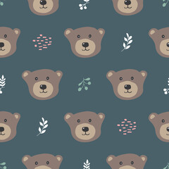 Cute bear Seamless pattern. Cartoon Animals in forest background. Vector illustration