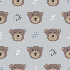Cute bear Seamless pattern. Cartoon Animals in forest background. Vector illustration