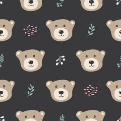 Cute bear Seamless pattern. Cartoon Animals in forest background. Vector illustration