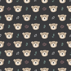 Cute bear Seamless pattern. Cartoon Animals in forest background. Vector illustration