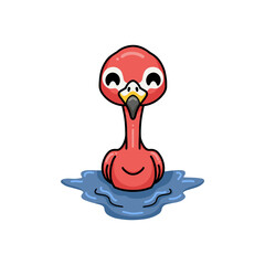 Cute little pink flamingo cartoon swimming