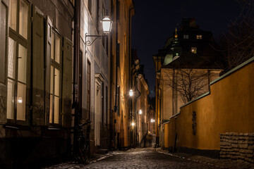 Old town Stockholm Sweden at night.
St Gertrud german church from Prästgatan.