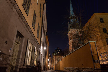 Old town Stockholm Sweden at night.
St Gertrud german church from Prästgatan.