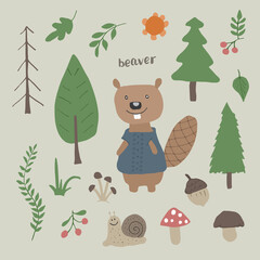 Cute Beaver in forest. Cartoon Animal in Woodland with trees and plants. Vector illustration