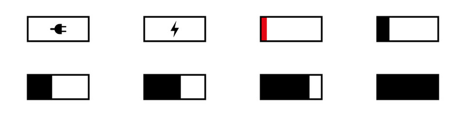 Conjunto de iconos de indicador de carga de la batería. Barra del nivel de carga de la batería. Ilustración vectorial