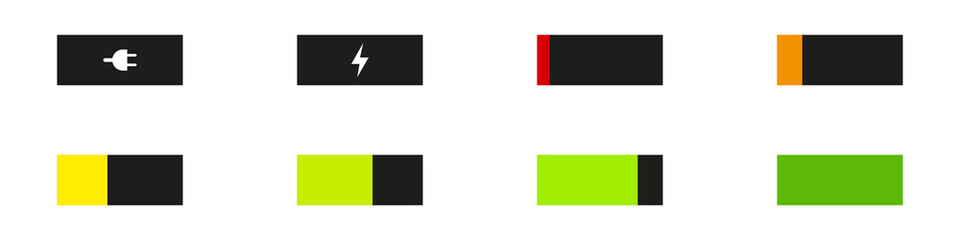 Fototapeta premium Conjunto de iconos de indicador de carga de la batería. Barra del nivel de carga de la batería. Ilustración vectorial, estilo verde