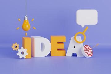 3d rendering idea text with light bulb, gears, archery target and magnifying glass on purple background.