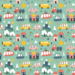 Cute Cars Seamless Pattern, Cartoon transportation Doodles Background, vector Illustration