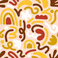 Tapeten Collage zeitgenössischer Kunst mit mehrfarbigen abstrakten Formen. Vektornahtloses Muster mit skandinavischen ausgeschnittenen Elementen. © Oleksandra