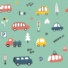 Cute Cars Seamless Pattern, Cartoon transportation Doodles Background, vector Illustration